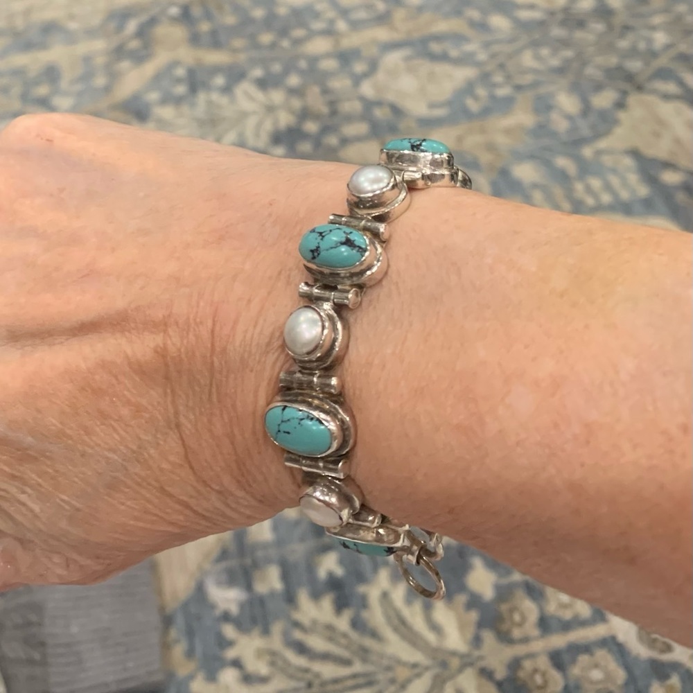 Vintage pearl and turquoise sterling silver bracelet - Picture 7 of 12